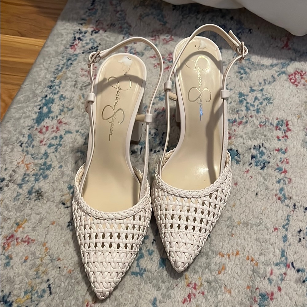 Jessica Simpson White Woven Slingback Heels